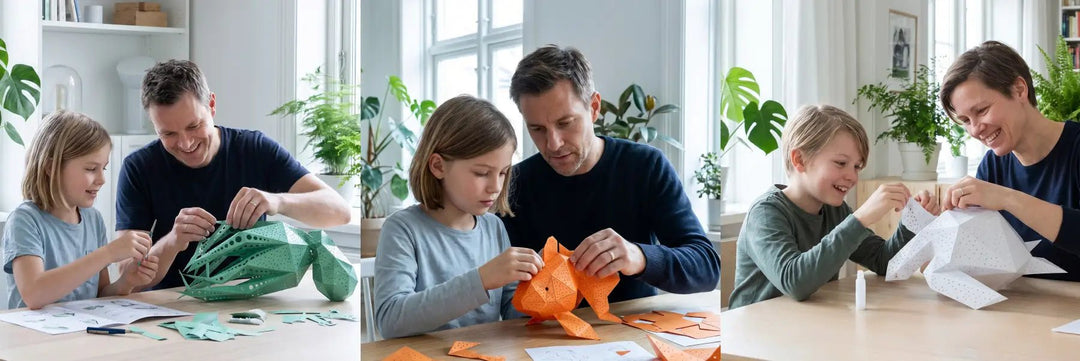 Three panels of parents and children folding paper lamp kits at a table: a green octopus, an orange goldfish, and a white sea turtle held up between them, with printed instructions, glue and card offcuts alongside