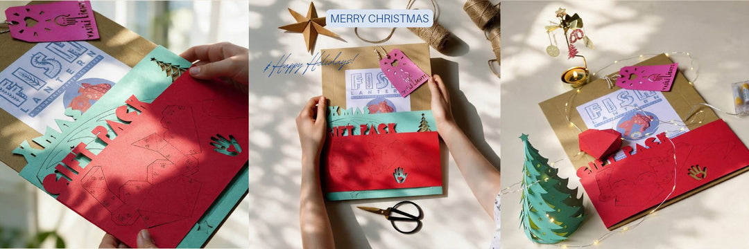 Vasili Lights Xmas gift pack with a DIY Fish Lantern paper kit, a 3D paper Christmas tree and a paper heart