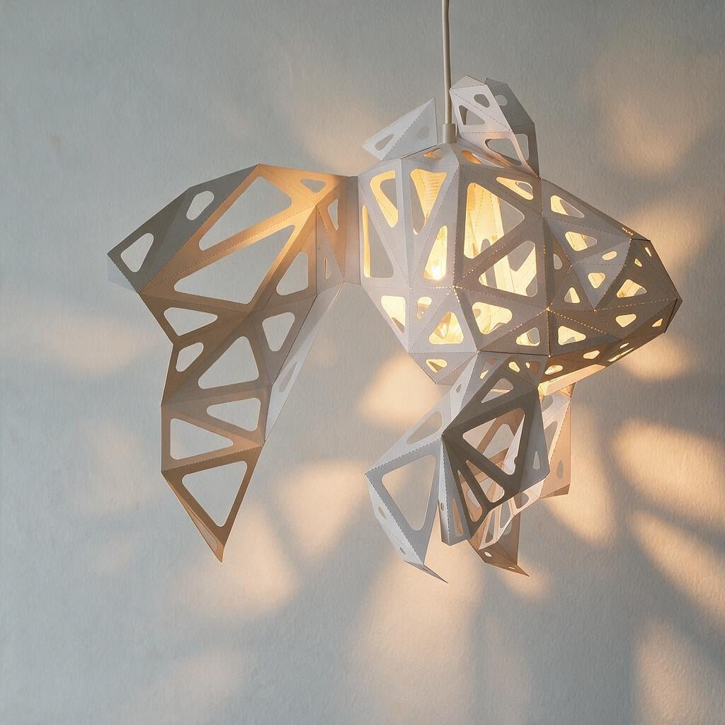 A geometric fish-shaped pendant light made of white and warm beige cutout paper, glowing with a warm yellow light against a light gray wall.