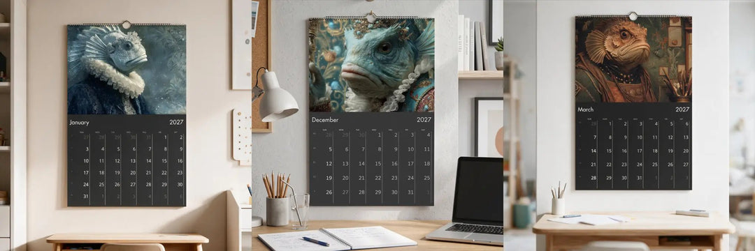 Three 2027 wall calendars hanging in rooms: January's fish in a lace ruff, December's crowned turquoise fish, and March's fish in a naturalist's study.