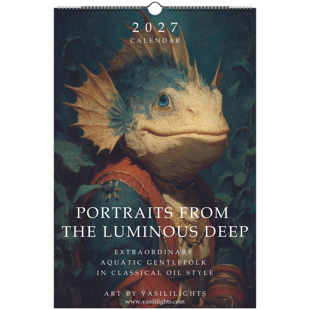 Portraits from the Luminous Deep, the 2027 calendar cover: a spiny blue and cream fish in a red doublet against dark water.