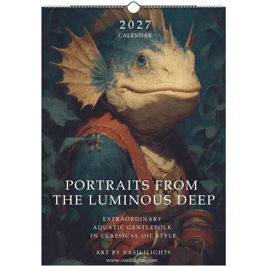 Portraits from the Luminous Deep, the 2027 calendar cover: a spiny blue and cream fish in a red doublet against dark water.