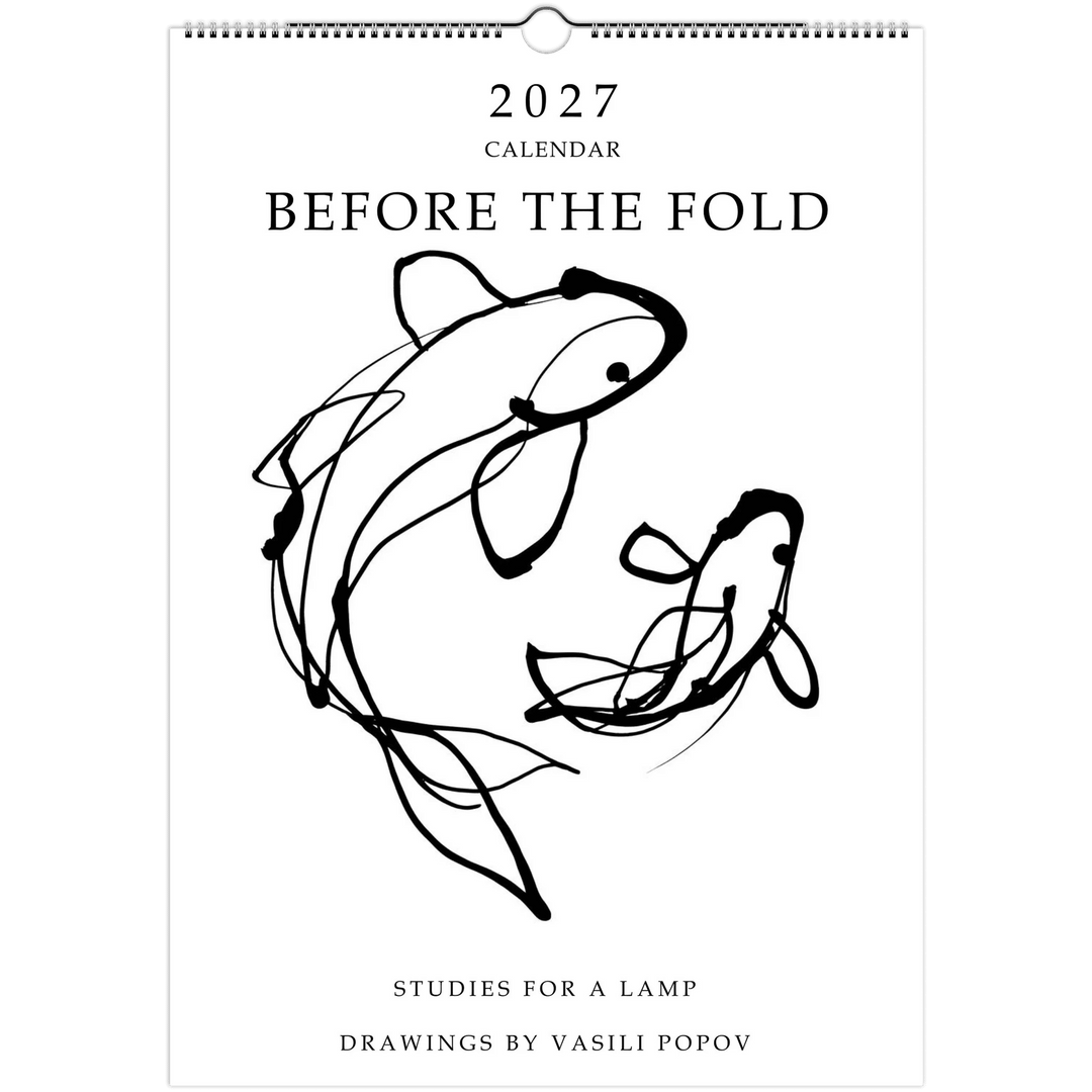 Before the Fold 2027 black and white wall calendar, A3 11.7 by 16.5 inches, cover sheet with two koi drawn in one continuous line under the title Studies for a Lamp