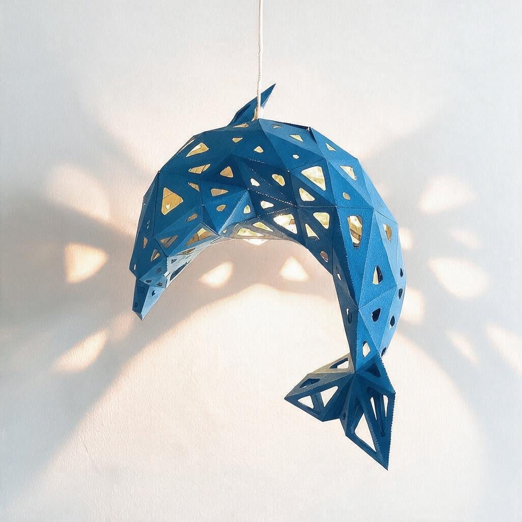 A blue geometric dolphin-shaped hanging pendant light with triangular cutouts, suspended against a white wall with soft shadow patterns.