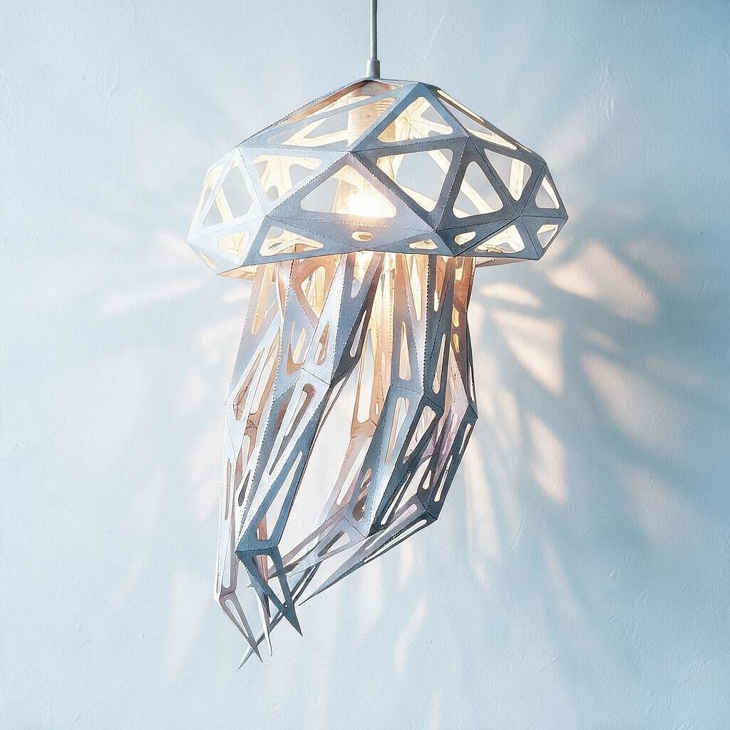 A modern geometric jellyfish-shaped pendant light hanging against a light blue wall, casting soft shadow patterns on the background.