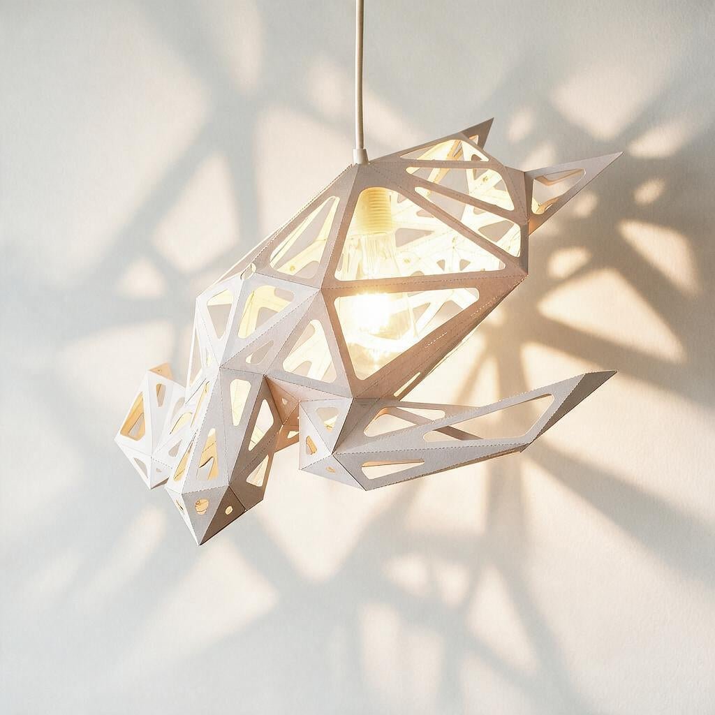 A modern turtle-shaped geometric pendant light with a white faceted, open-frame structure casting warm light and shadows on a light-colored wall.