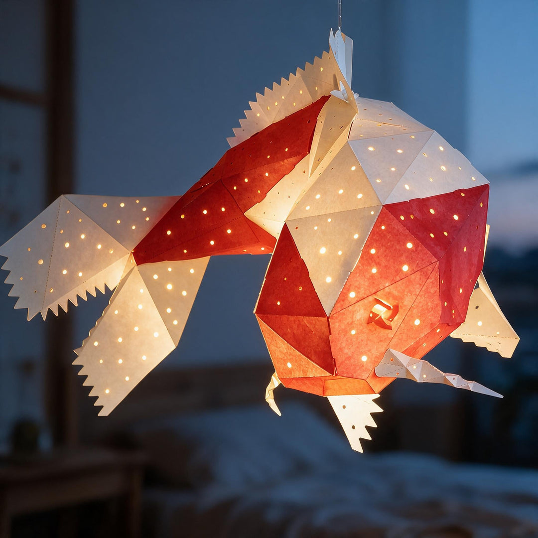 A lit Crimson Koi Pendant Light in a dim blue bedroom