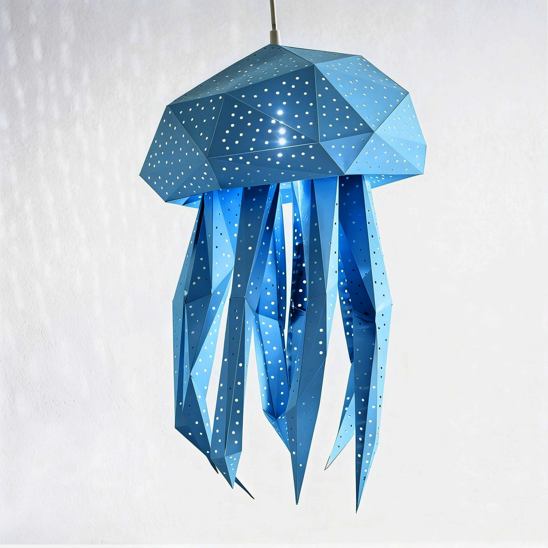 Bubble Jellyfish Lantern in Ocean blue, assembled and lit