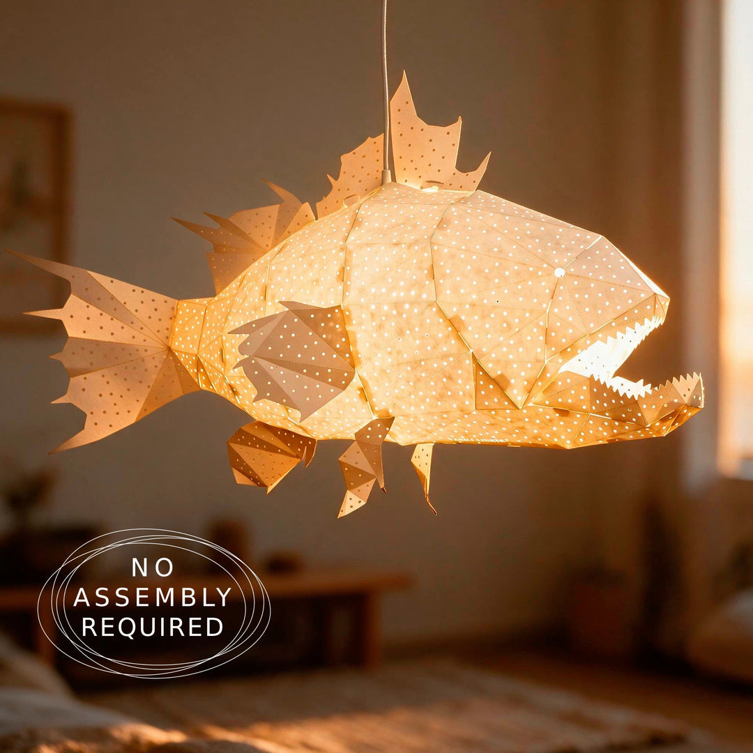 White origami fish pendant light by Vasili Lights, handcrafted from washable paper fabric