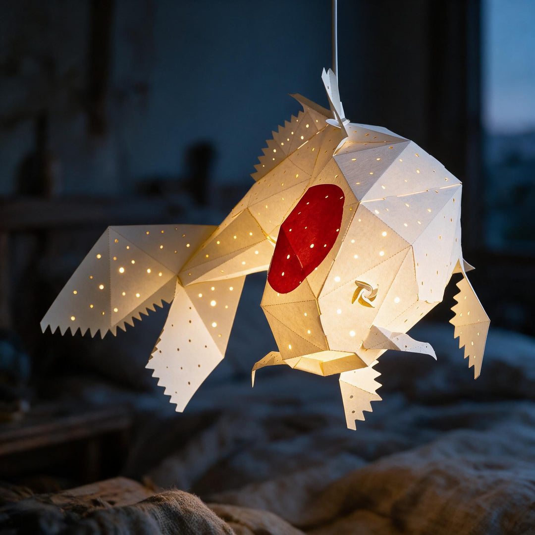 A lit Rising Sun Koi Pendant Light with its red circle in a dark blue bedroom
