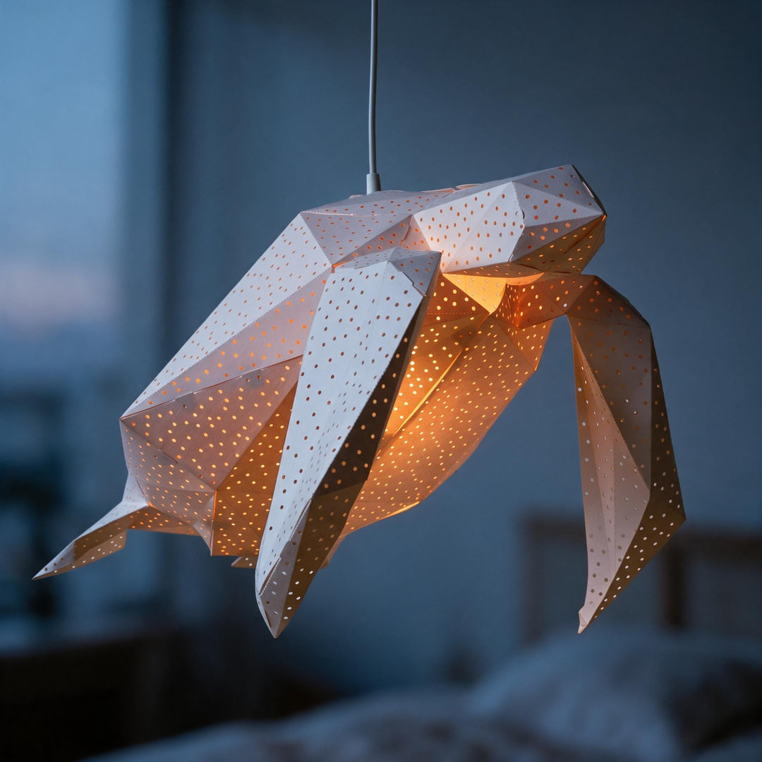 A lit White Sea Turtle Origami Pendant Light in a blue bedroom