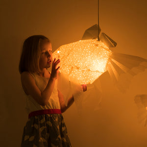 Girl holds the lamp in the form of Goldfish of yellow color, the light is on, dark background.