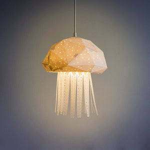 An Origami Jelly Lamp, shaped as a jellyfish, hanging gracefully from a ceiling, made from eco-friendly paper-like fabric.