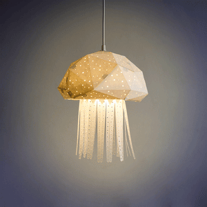 A lamp shaped as jellyfish, hanging from a  ceiling in Nursery or Bedroom, made of white paper-like fabric.