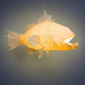 Nautical Ceiling Lamp, shaped like a deep sea fish, hanging from the ceiling, creating an underwater adventure ambiance.