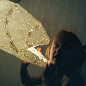 A cute girl igirl playing with a white fish-shaped Nautical Ceiling Lamp casting light patterns on the dark wall.