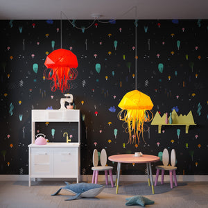 A child's room with jellyfish shaped Nautical Ceiling Lamps, hanging above the kids' furniture in a children's room.