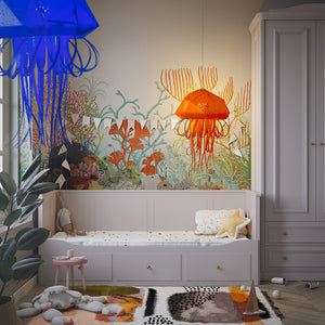 A child's room with Nautical Ceiling Lamp, jellyfish shaped, hanging above the bed, inspiring imaginative playtime.
